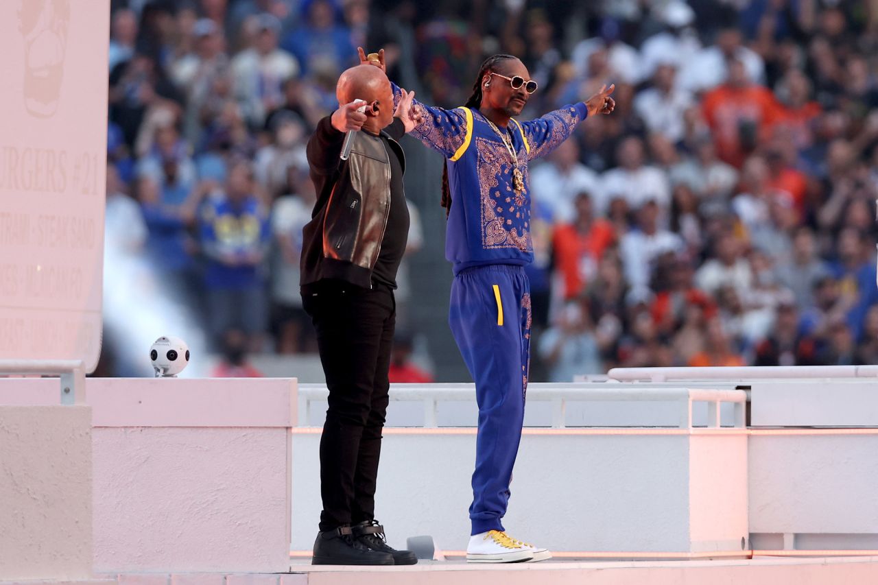 Dr. Dre and Snoop Dogg perform during the halftime show.