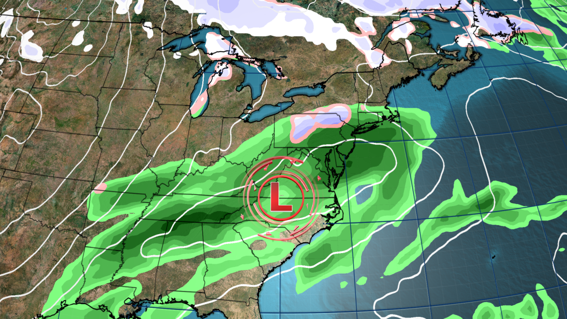 One forecast scenario has a weaker storm tracking through the mid-Atlantic on Thursday afternoon.