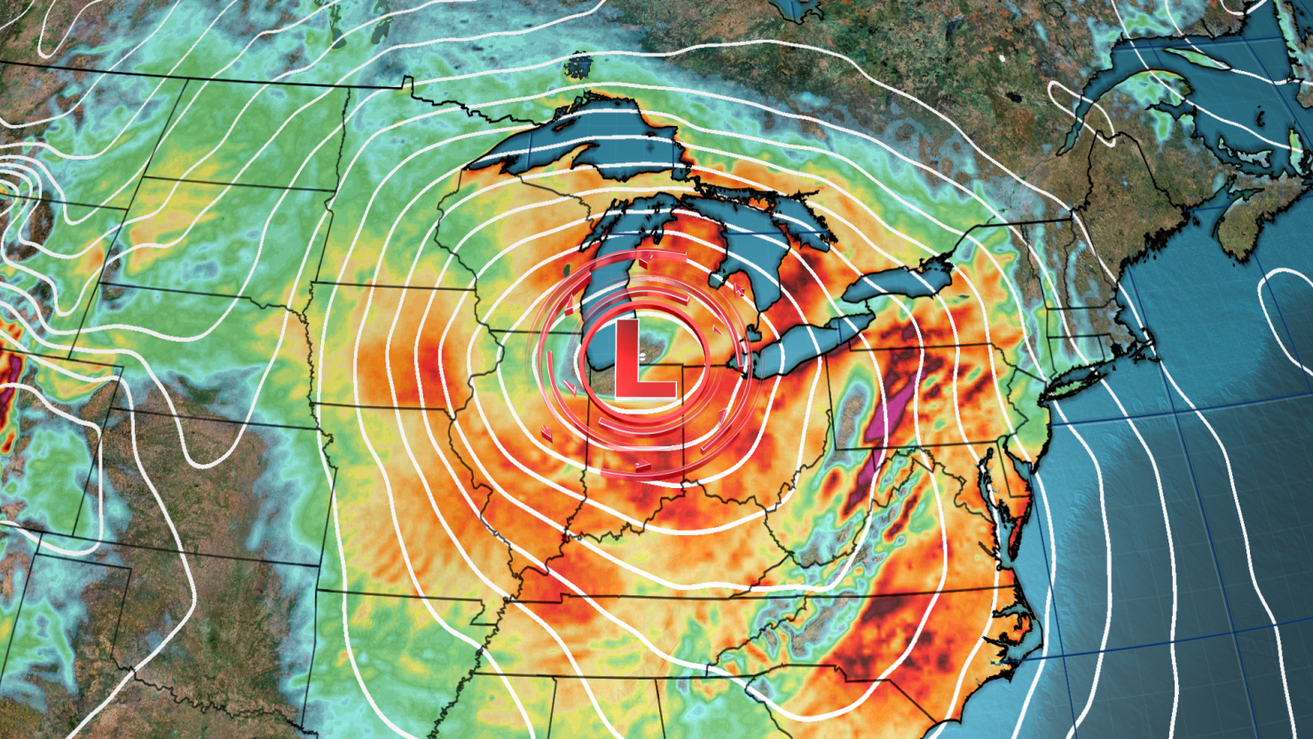 Forecast models show a powerful storm at its full strength Friday night,  producing robust wind gusts as it is centered over the Great Lakes .