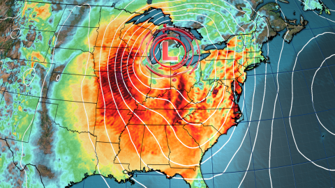Strong wind gusts (oranges and reds) will impact much of the eastern half of the US on Wednesday. This snapshot shows the storm's center (the red L) and its expansive winds on Wednesday evening.