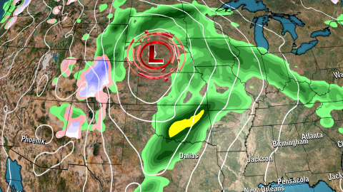 A forecast model shows a large storm bringing adverse weather to much of the central US Monday night.