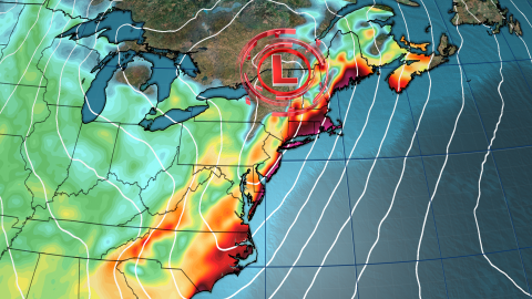 Strong winds (pictured) and wet weather will blow through the Northeast. This snapshot shows how strong wind gusts could become Wednesday afternoon with darker shades representing stronger wind gusts.