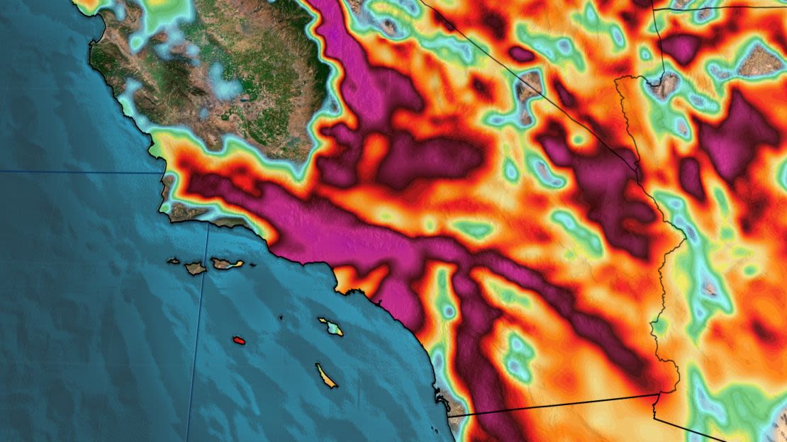 Los vientos violentos rugirán sobre el sur de California de martes a jueves. Esta instantánea captura las ráfagas de viento a última hora de la noche del martes y los morados representan las ráfagas de viento más fuertes y dañinas que alcanzarán fuerza de huracán.