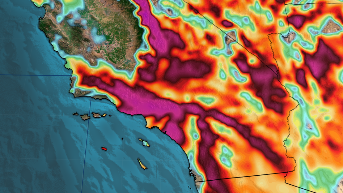 Violent winds will roar over Southern California Tuesday into Thursday. This snapshot captures wind gusts late Tuesday night and purples represent the strongest, most damaging wind gusts which will reach hurricane-force.