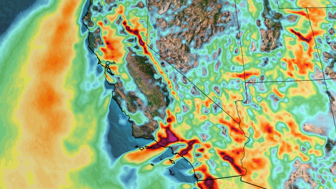 Strong wind gusts (yellows, oranges, reds and purples) are blowing over California and parts of the Southwest Wednesday.