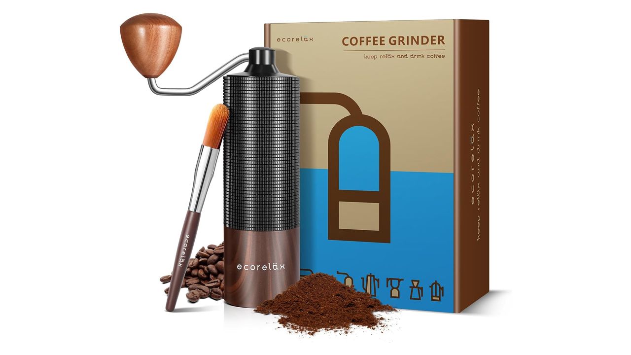 A photo of the Ecorelax Manual Coffee Grinder and its retail packaging