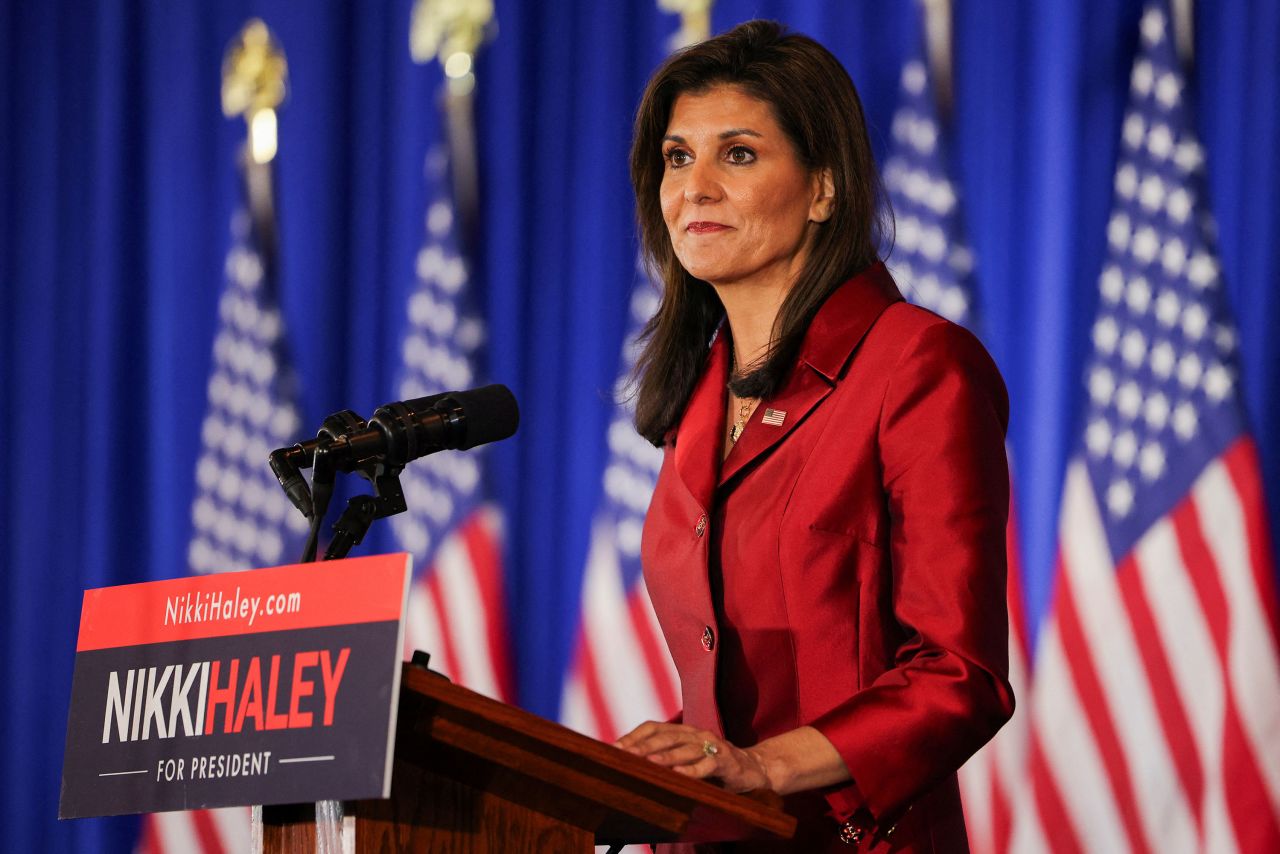 Nikki Haley speaks on stage at her watch party during the South Carolina Republican presidential primary election in Charleston, South Carolina, on February 24.?