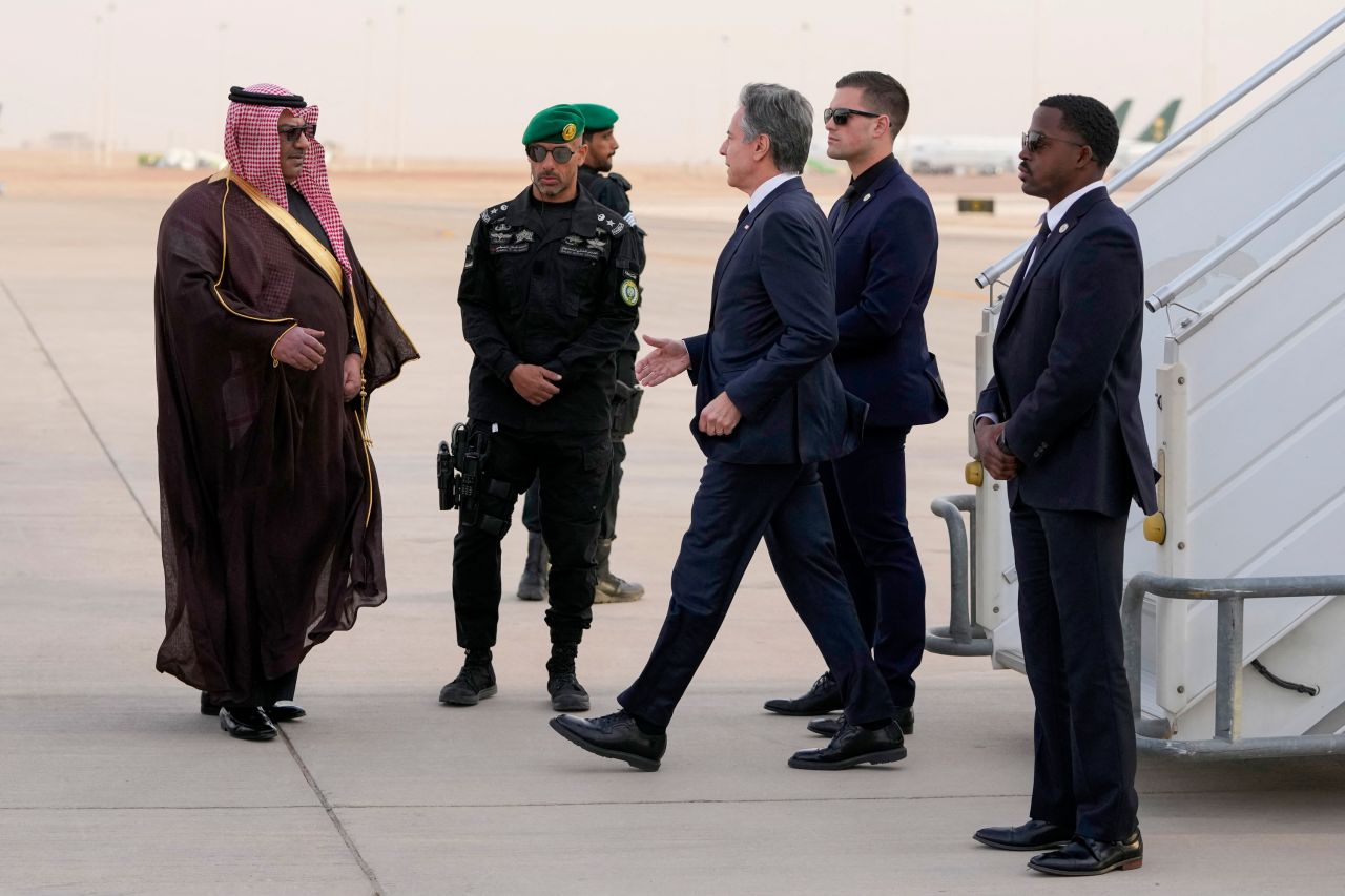 Antony Blinken disembarks from the plane upon his arrival at King Khalid International Airport in the Saudi capital Riyadh on February 5.