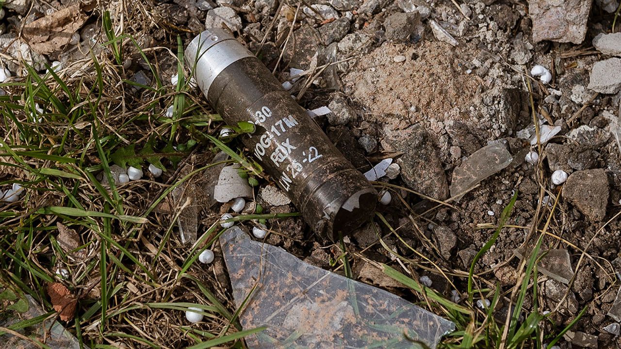 Cluster bomb capsules on the ground amid Russia-Ukraine war at the frontline city of Avdiivka, Ukraine on March 23.