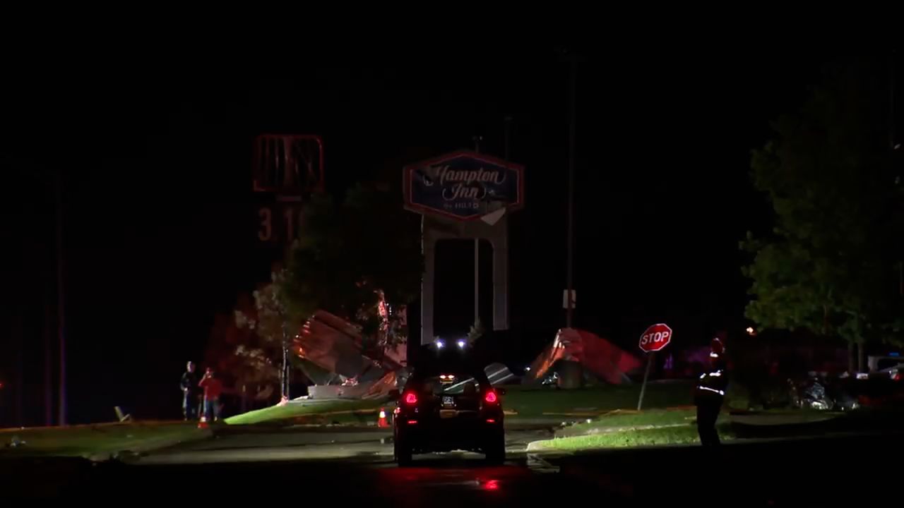 Damage is seen at the Hampton Inn hotel in Bartlesville, Oklahoma.