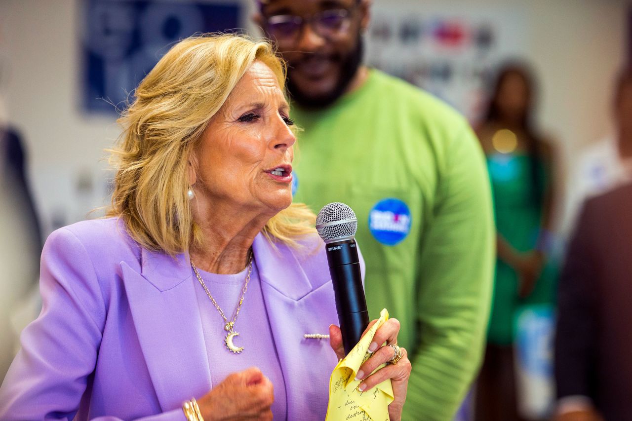 First lady Jill Biden speaks at a campaign stop with campaign volunteers at the Virginia Beach Democratic Coordinated Campaign Office on Thursday, June 27 in Virginia Beach, Virginia. 