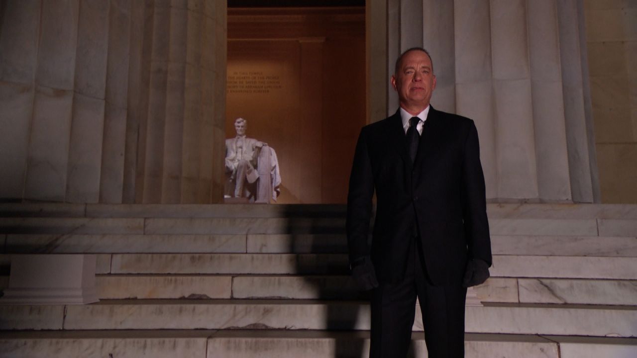 Tom Hanks hosts the Celebrate America concert spcial at the Lincoln Memorial in Washington on Wednesday, January 20.