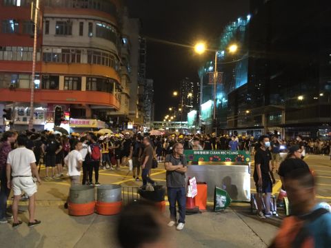 Protesters on the streets of Sham Shui Po on Monday night.