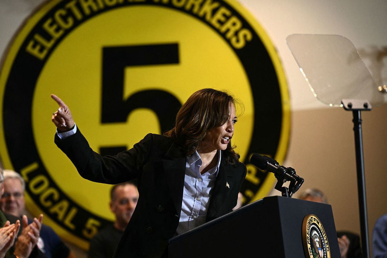 Vice President Kamala Harris speaks during a campaign rally at the International Brotherhood of Electrical Workers Local 5 in Pittsburgh, Pennsylvania, on Monday, September 2. 