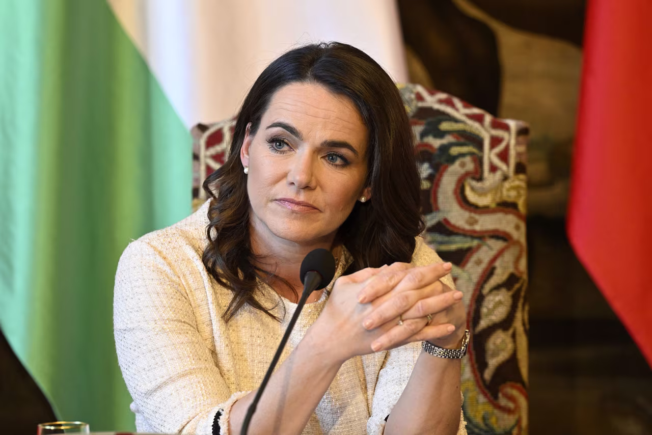 Hungarian President Katalin Novak speaks at Prague Castle, Czech Republic, on March 3. 
