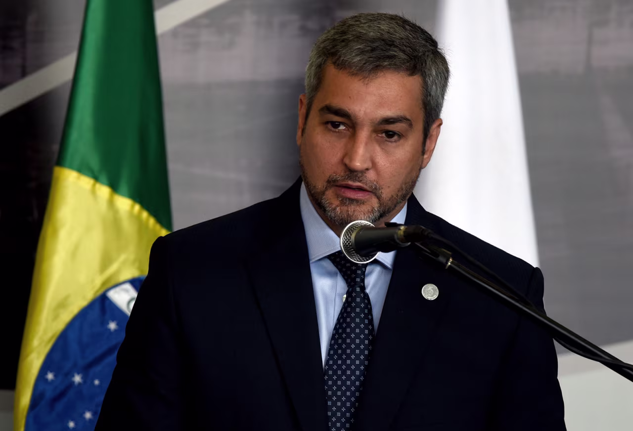 Paraguay President Mario Abdo Benitez delivers a speech on February 26, 2019 in Itaipu, Paraguay.