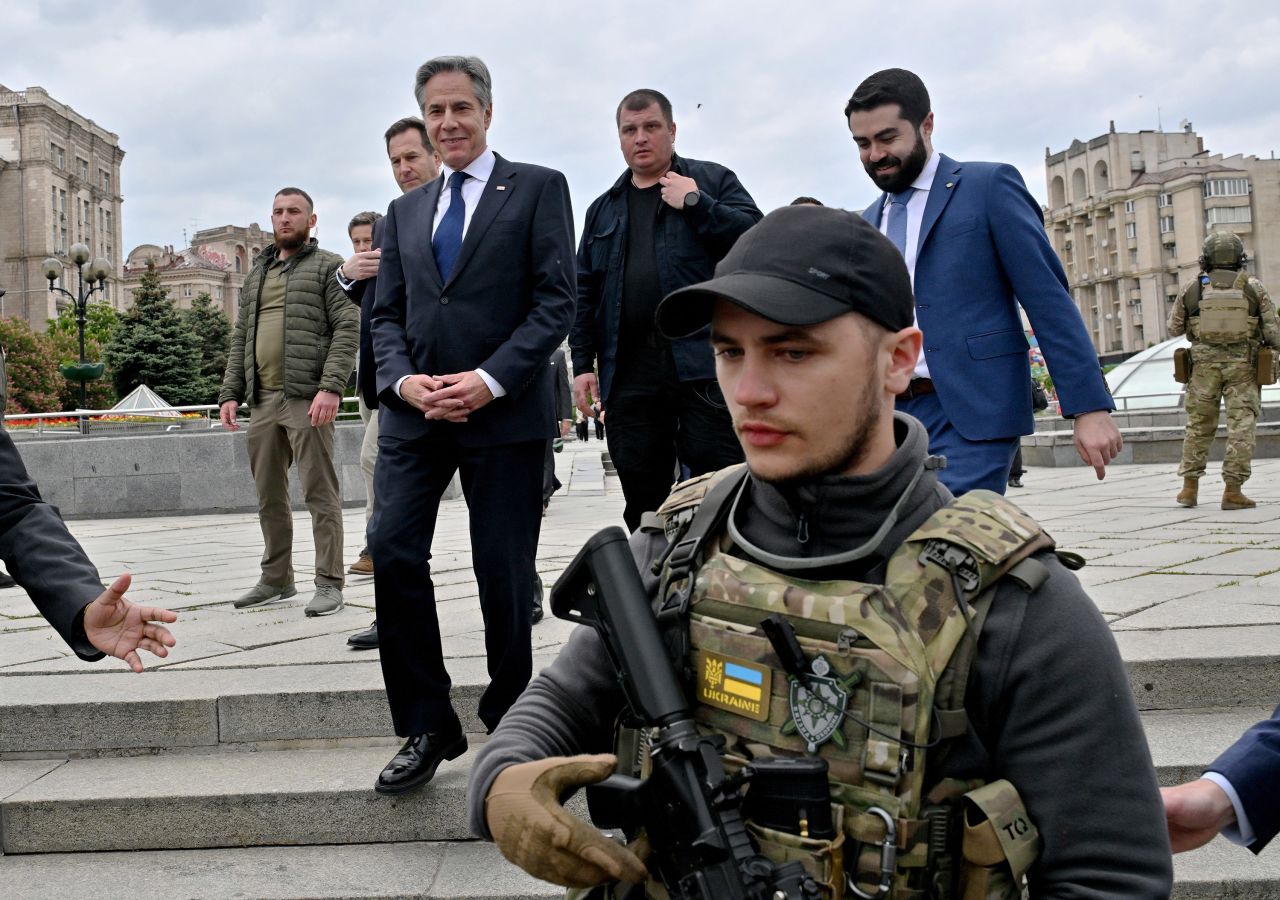 US Secretary of State Antony Blinken walks on Independence Square in Kyiv, on May 14, during a visit to Ukraine.