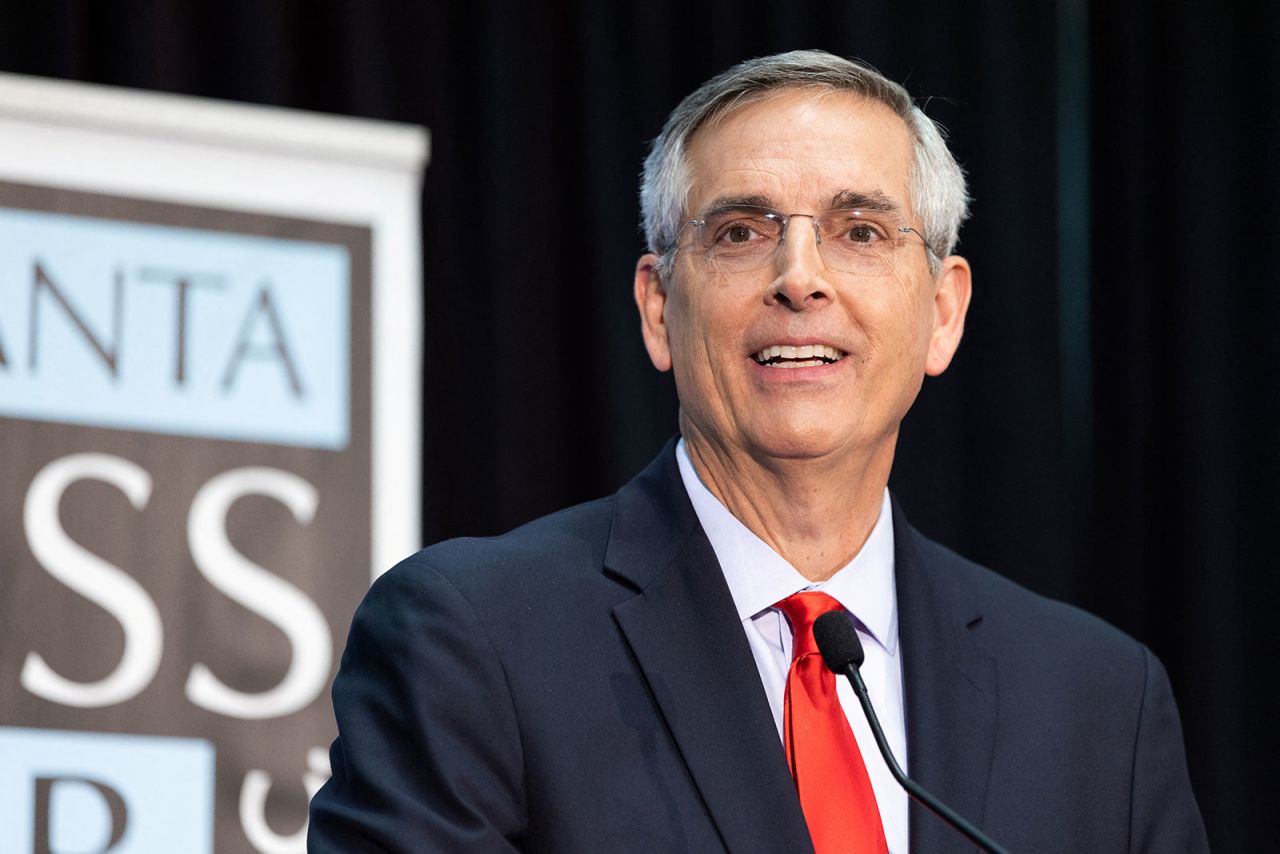 Brad Raffensperger speaks to the media on the day of an election debate in Atlanta on October 18. 