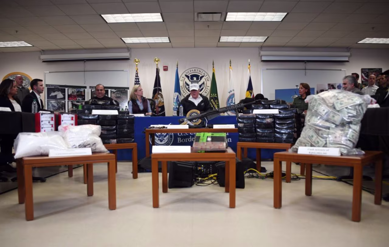 President Trump (C), with Homeland Security Secretary Kirstjen Nielsen (C L), speaks during his visit to US Border Patrol McAllen Station in McAllen, Texas, on Jan. 10, 2019.