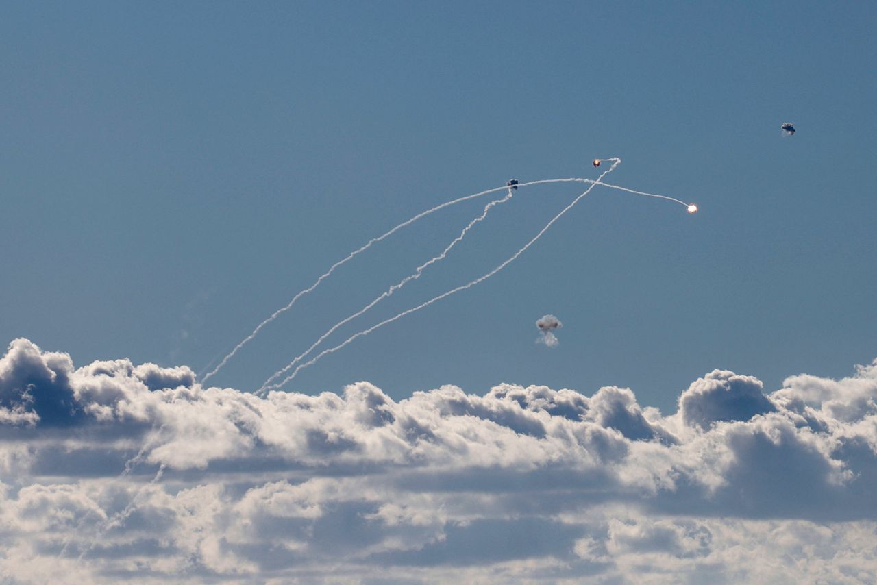 On September 18, rockets fired from southern Lebanon over the Upper Galilee region in northern Israel are intercepted by the Israeli Iron Dome air defense system. 