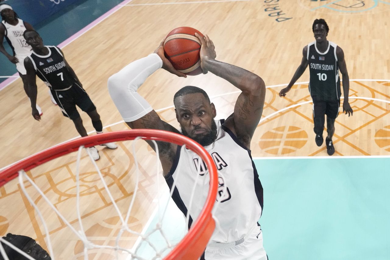 Lebron James of Team USA goes up for a dunk during the game against South Sudan on July 31.