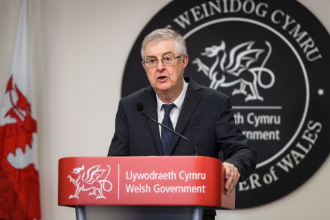 Mark Drakeford, the Welsh First Minister talks at a Welsh government Covid-19 briefing on December 10, 2021 in Cardiff, Wales. 