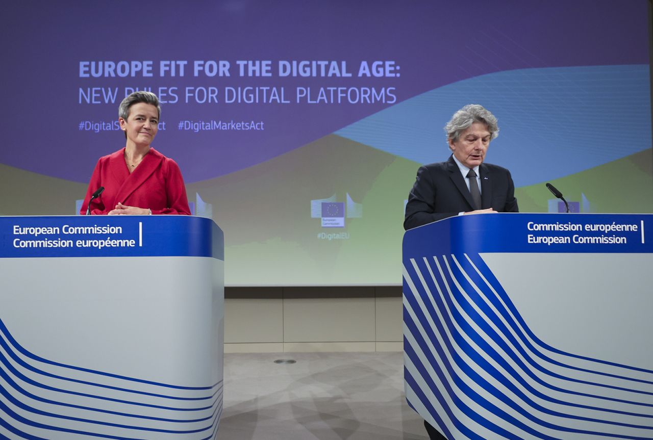 Executive Vice President of the European Commission for A Europe Fit for the Digital Age Margrethe Vestager (L), and European Commissioner for Internal Market Thierry Breton (R) attend a press conference on Digital Services Act and the Digital Markets Act at the European Commission headquarters in Brussels, on December 15, 2020. 