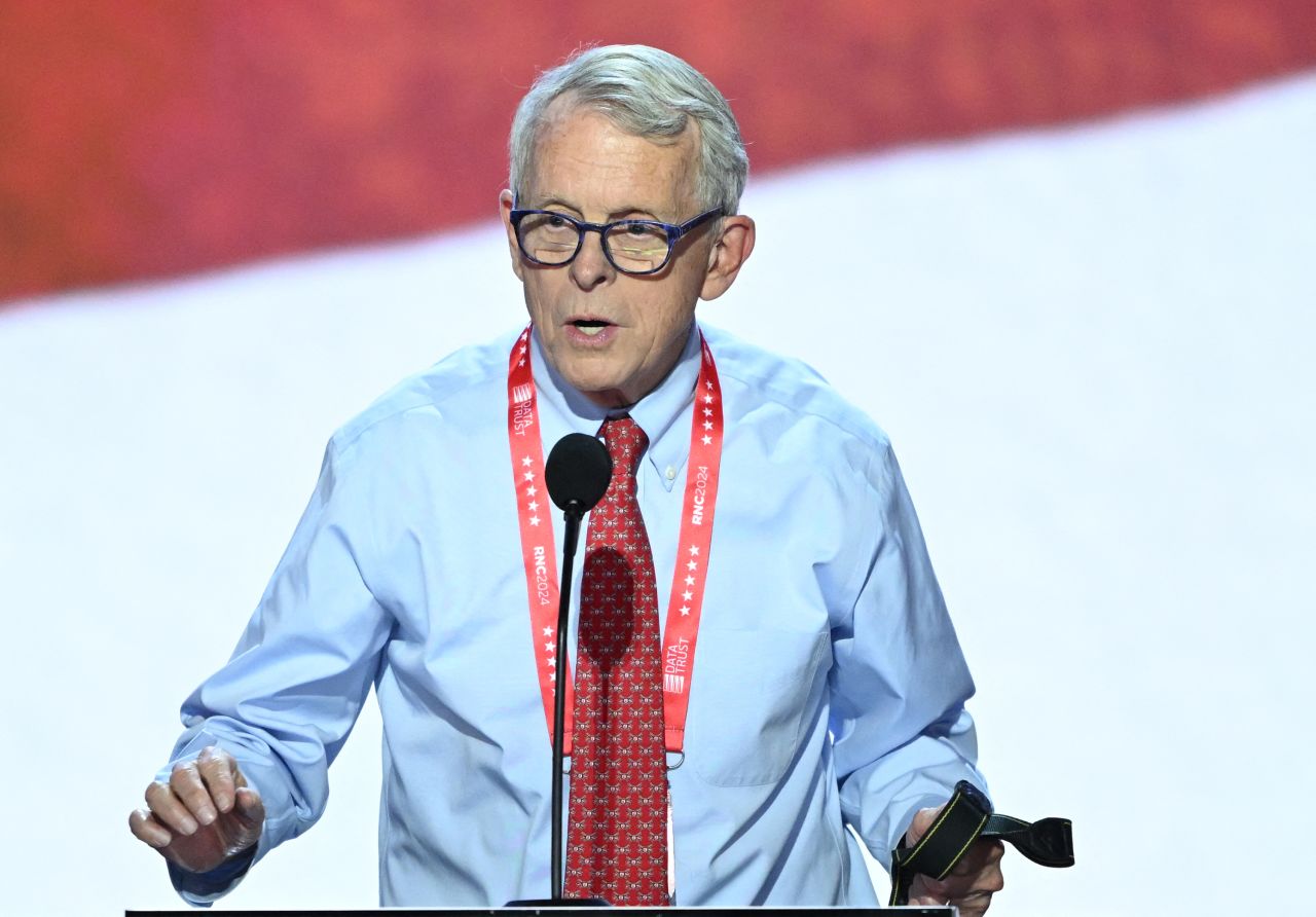 Ohio Governor Mike DeWine takes part in a sound check at the Fiserv Forum ahead of the 2024 Republican National Convention on July 14, in Milwaukee, Wisconsin.