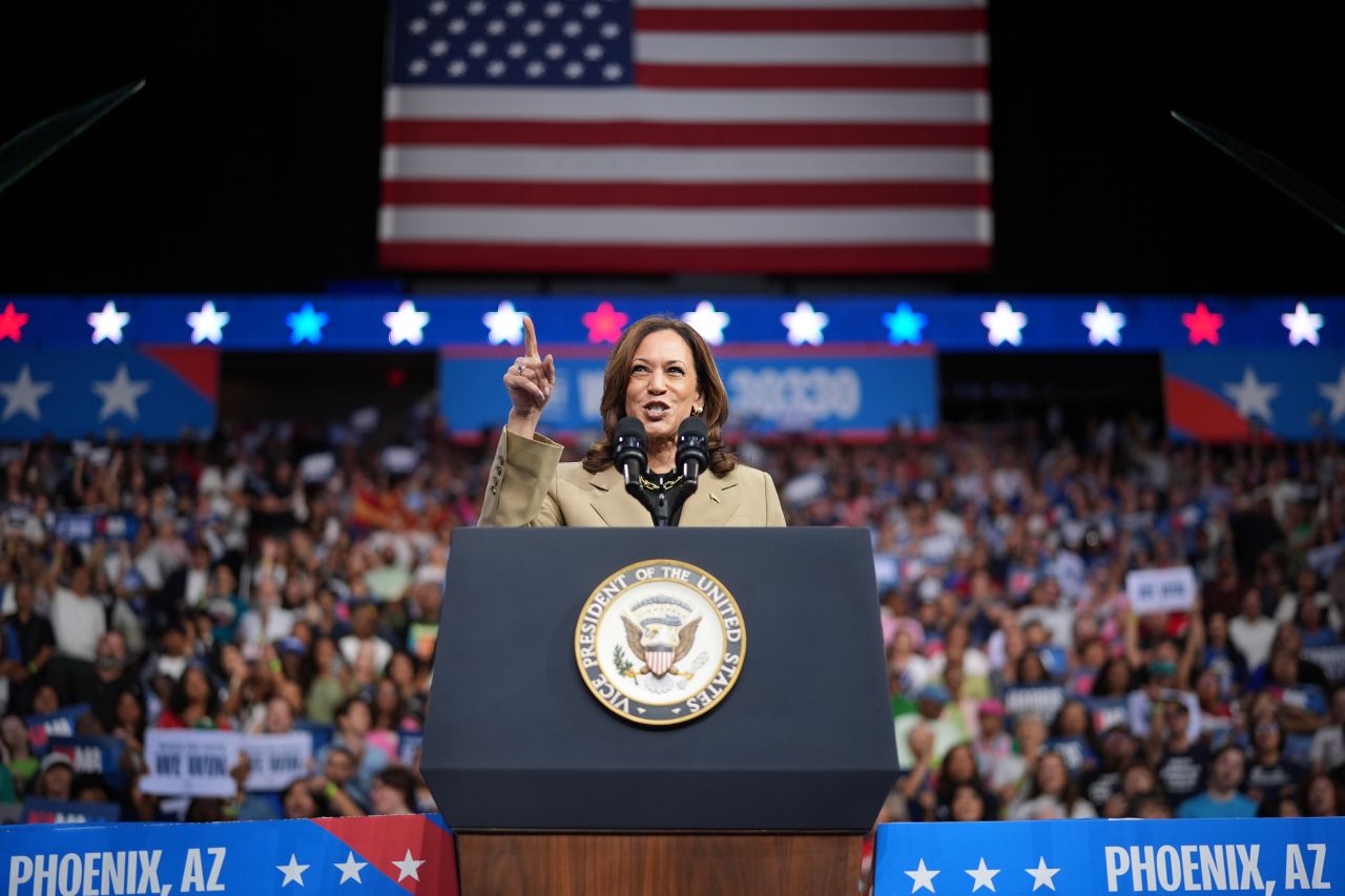 Kamala Harris speaks at a campaign rally in Glendale, Arizona, on August 9.