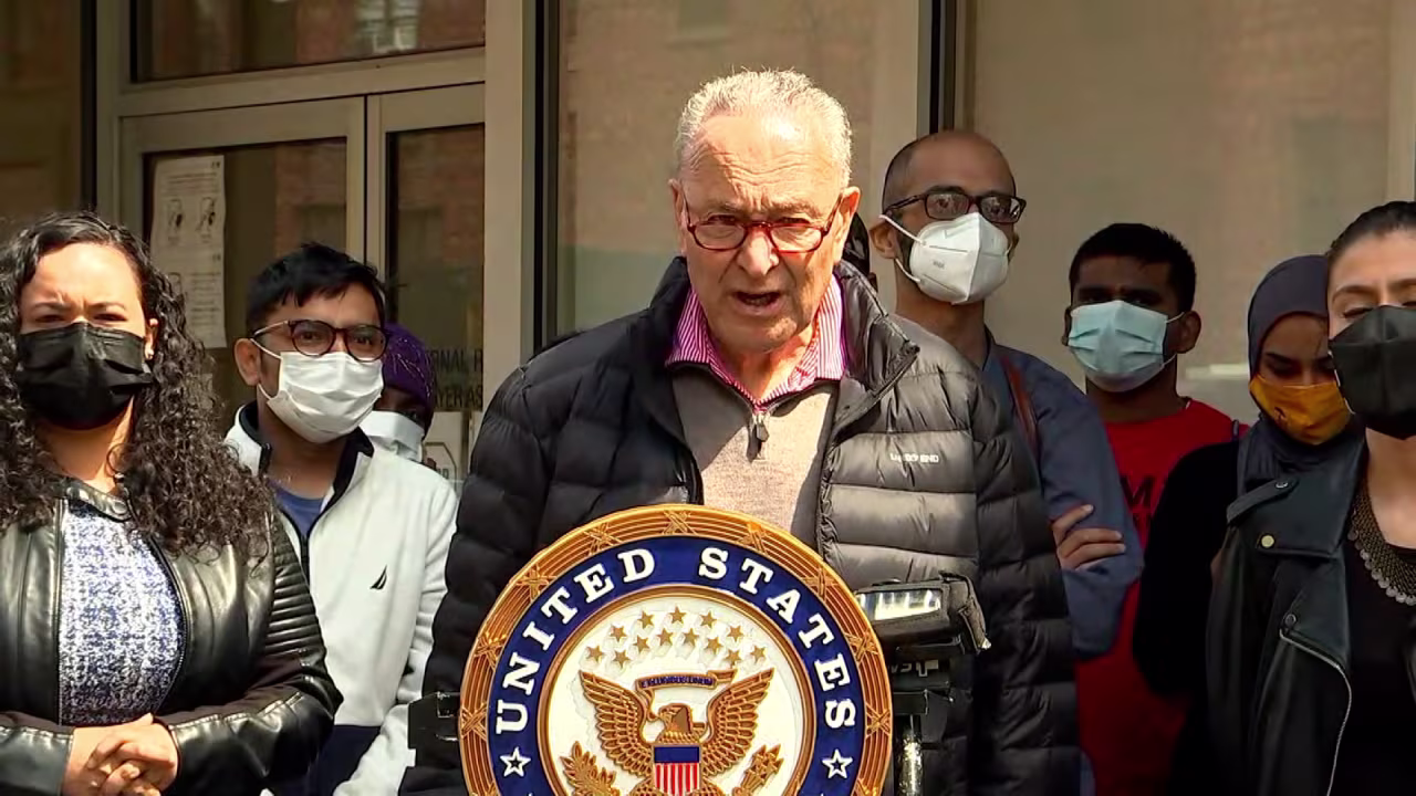 US Senate Majority Leader Chuck Schumer speaks during a press conference in New York City on April 30.