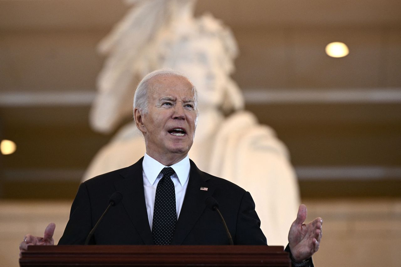 US President Joe Biden delivers a speech on antisemitism at the US Capitol on May 7.