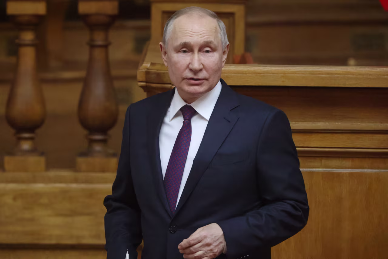 Russian President Vladimir Putin delivers a speech on April 27, in St. Petersburg, Russia. 