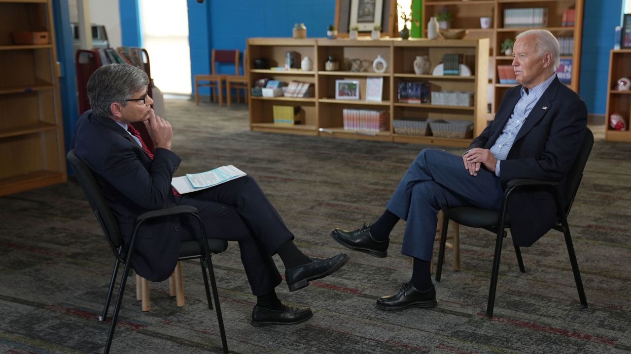 President Joe Biden speaks during an interview with ABC News anchor George Stephanopoulos in Madison, Wisconsin, on July 5.