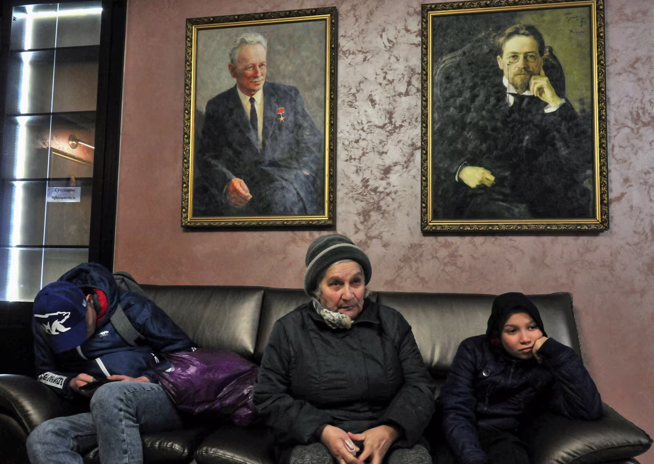 Residents from Mariupol, Ukraine wait for refugee accommodations in the Rostov region of Russia on March 16.