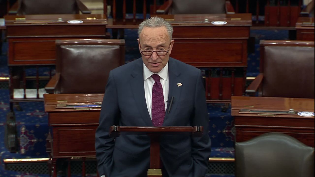 Senate Minority Leader Chuck Schumer speaks on the Senate floor on Monday.