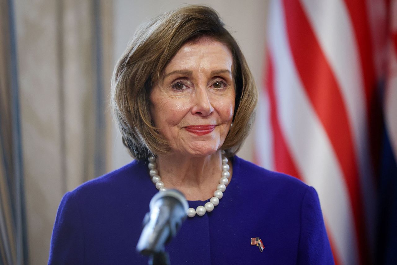 Nancy Pelosi speaks during a press conference in Zagreb, Croatia, on October 24.