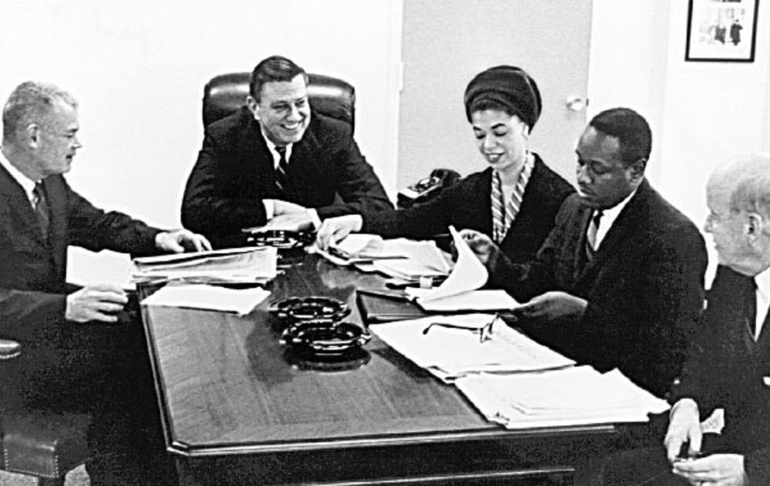 This photo from the US Equal Employment Opportunity Commission shows the first commission: Commissioner Richard Graham, Chairman Franklin D. Roosevelt, Jr., and Commissioners Aileen Hernandez, Samuel C. Jackson, and Luther Holcomb.