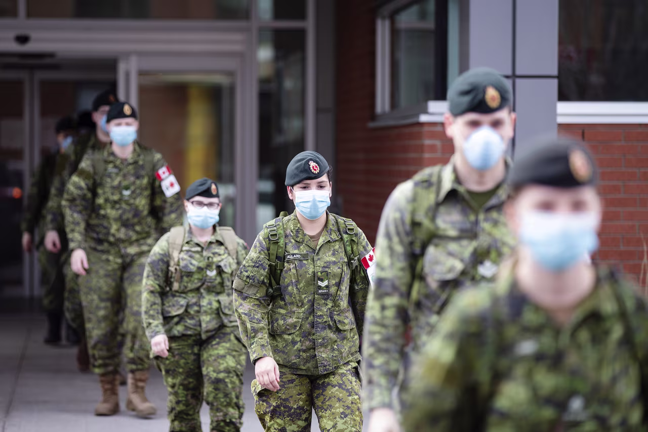 Canadian Armed Forces (CAF) medical personnel leave following their shift at the Centre Valeo St. Lambert seniors' long-term care home in St. Lambert, Quebec, Canada, on April 24.