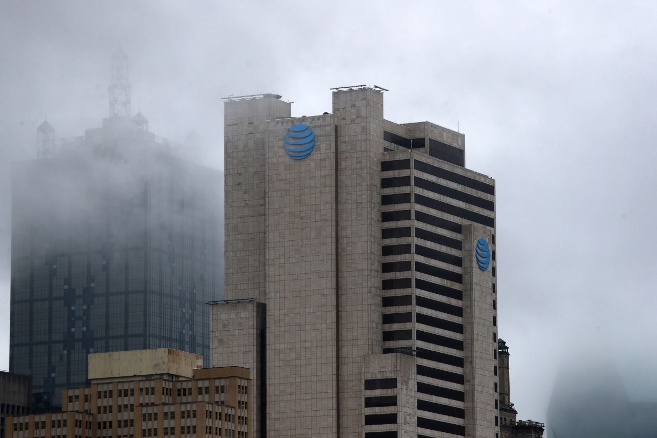 The AT&T corporate headquarters in Dallas is pictured on March 13, 2020.