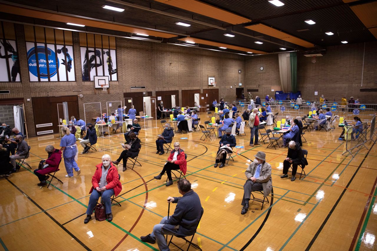 A general view of the resting area in Newbridge Leisure Centre gym which is being used as a vaccine hub in Newbridge, Wales on February 2.