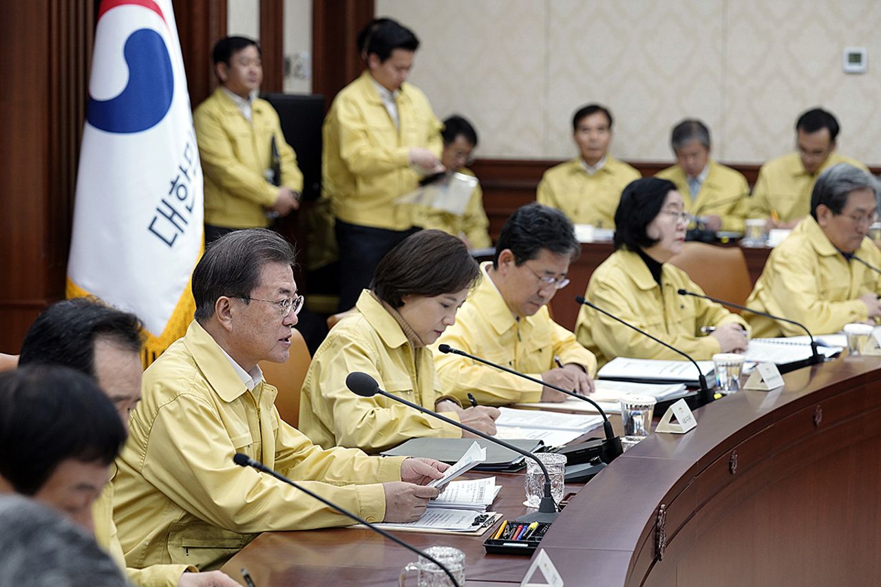 South Korean President Moon Jae-in speaks during a meeting about coronavirus at a government complex on February 23, 2020 in Seoul, South Korea. 