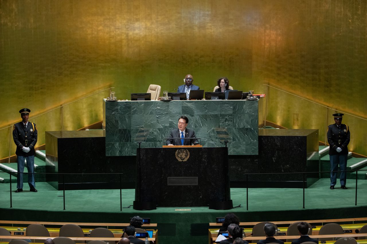 South Korean President Yoon Suk Yeol speaks during the United Nations General Assembly in New York, on September 20.