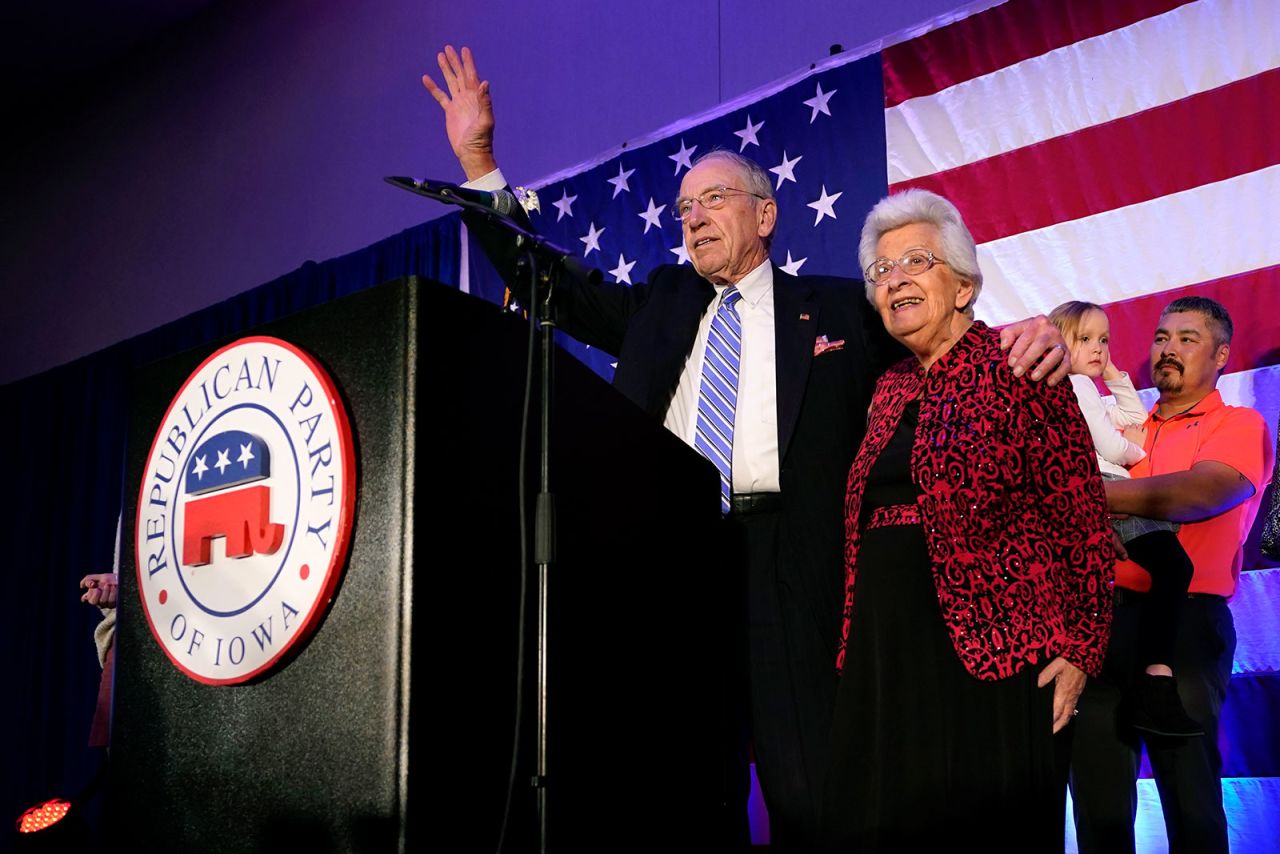 Sen. Chuck Grassley and his wife Barbara wave to supporters during an election night rally on Tuesday in Des Moines, Iowa. 