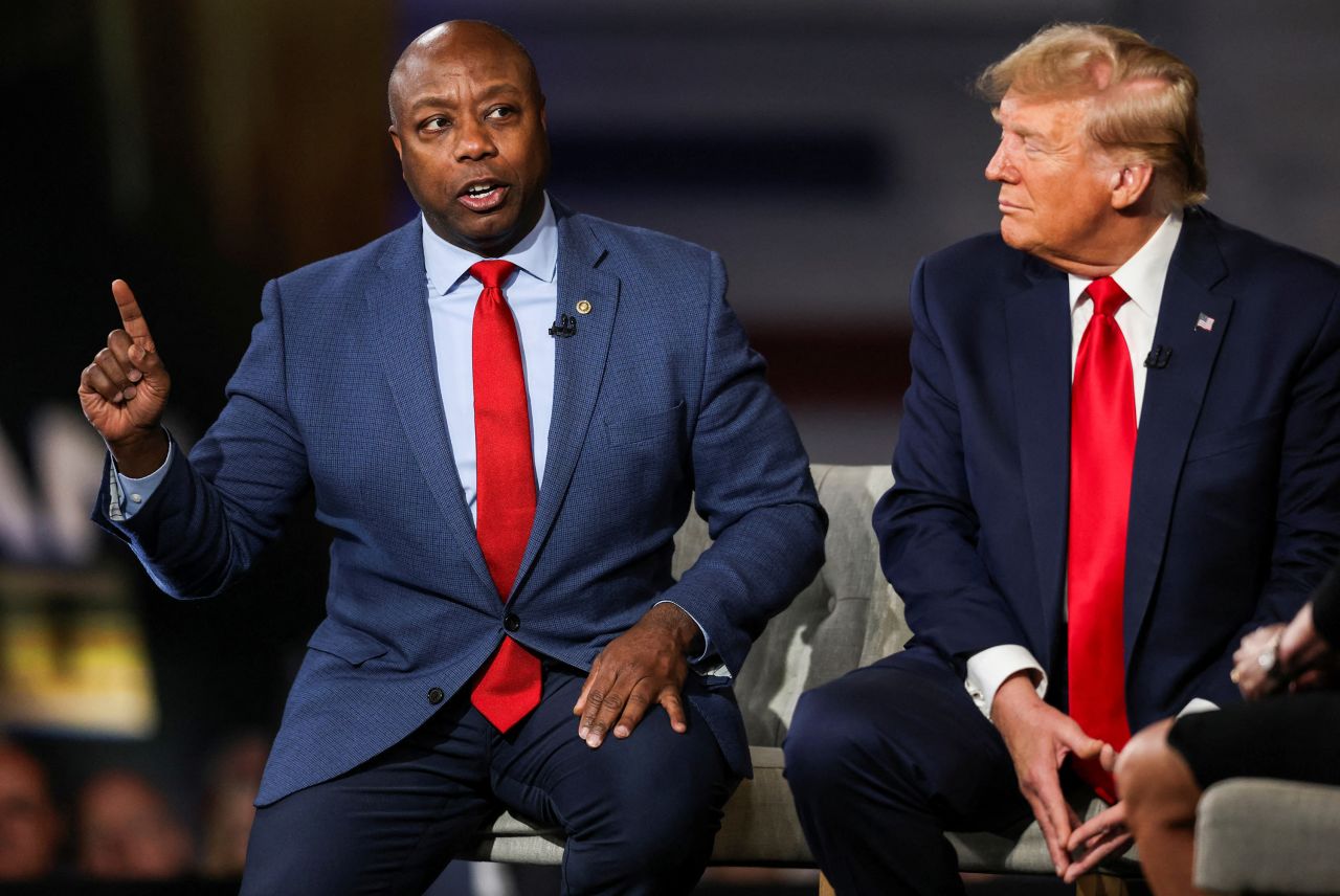 Sen. Tim Scott and former president Donald Trump participate in a town hall in Greenville, South Carolina, on February 20. 
