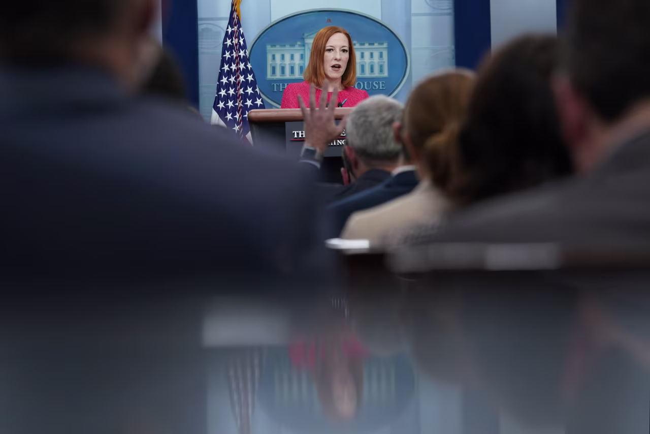 White House press secretary Jen Psaki speaks during the daily briefing at the White House, Monday. 