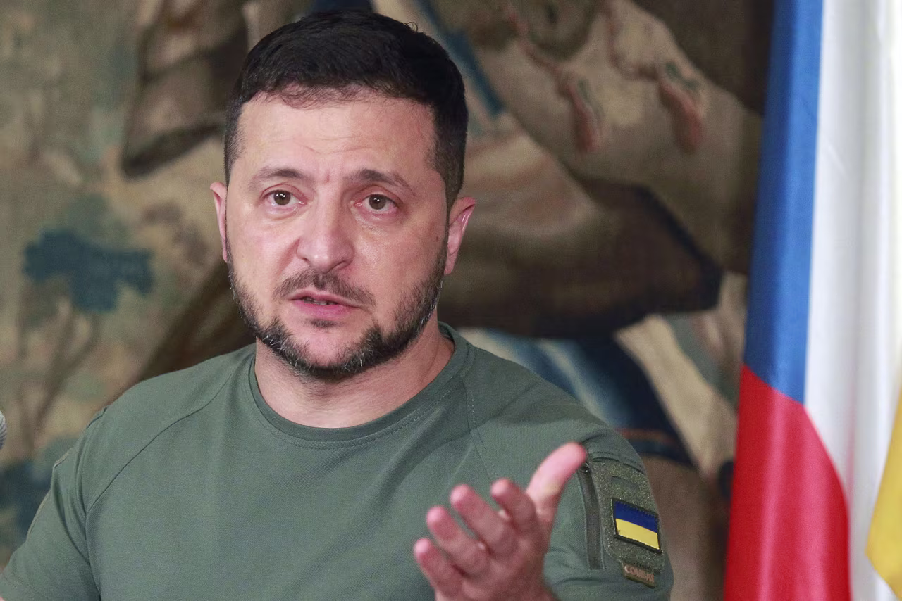 Zelensky speaks during a news conference in Prague, Czech Republic, on Thursday, July 6, 2023.
