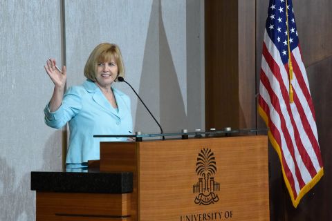 South Carolina Education Superintendent Molly Spearman addresses the audience at an accelerateSC gathering in Columbia, South Carolina on April 23.