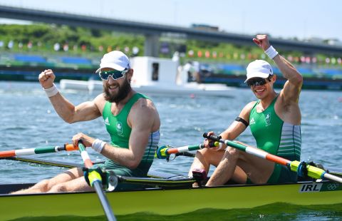 Paul O'Donovan, left, and Fintan McCarthy of Ireland celebrate after winning gold in the Men's Lightweight Double Sculls in Tokyo on July 29.