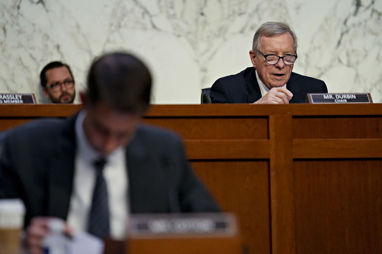 Senator Dick Durbin speaks during a hearing with Twitter whistleblower Peiter Zatko?in Washington, on Tuesday, Sept. 13.