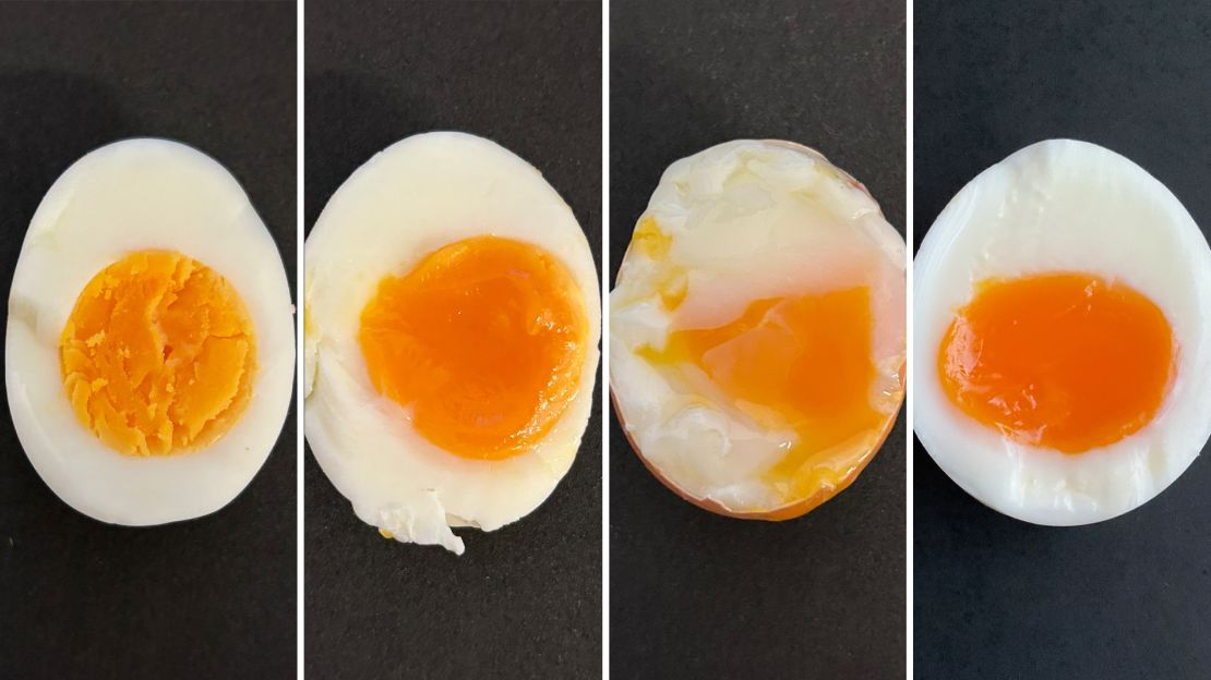 The different egg-boiling techniques are seen (from left): hard boiled, soft boiled, sous vide, periodic.